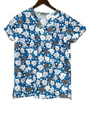 Wear for Care blue scrub top cute dogs glasses cats